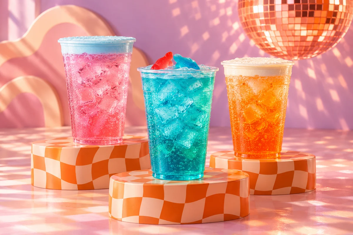 Checkered Chameleon colorful drinks on checkered pedestals beneath a disco ball
